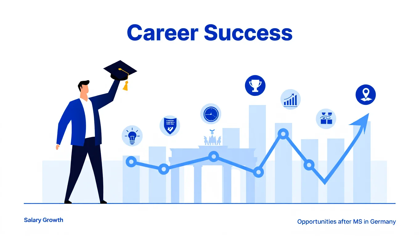 Graduate in a blue suit raises a cap beside rising bars and a line graph illustrating salary growth and career opportunities in Germany after MS education.